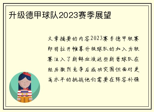 升级德甲球队2023赛季展望