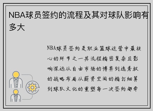 NBA球员签约的流程及其对球队影响有多大